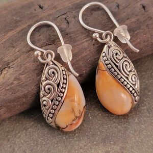 Sterling Orange White Agate Pear Cab Swirl Bezel Earrings